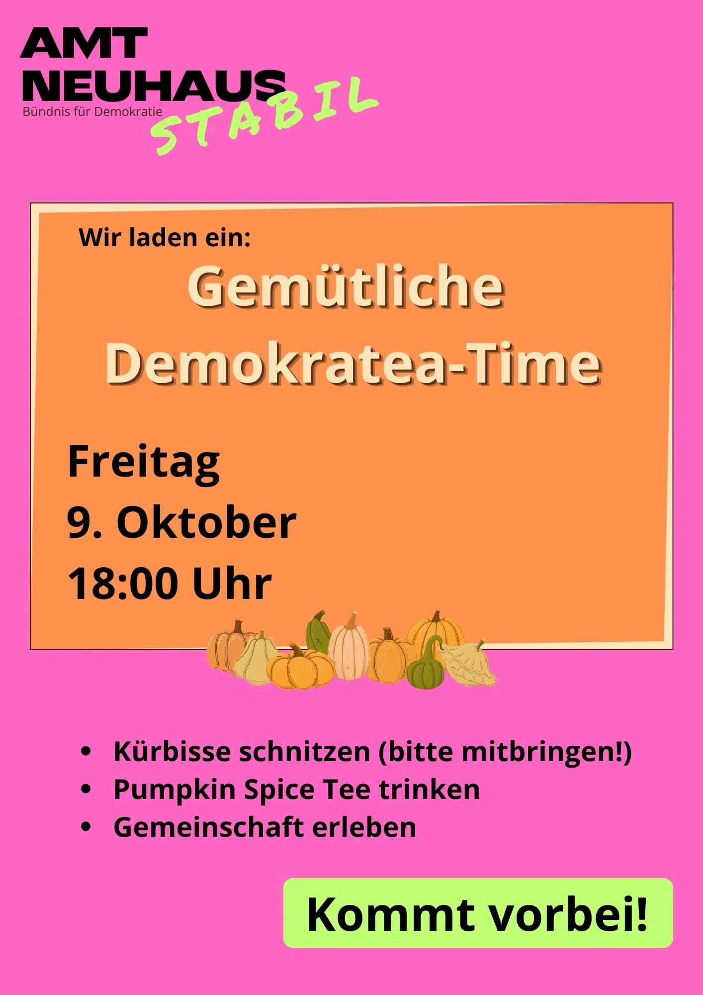 Pinkes Plakat von Amt Neuhaus stabil mit Einladung zur gemütlichen Demokratea-Time am 9. Oktober um 18:00 Uhr, mit gezeichneten Kürbissen
