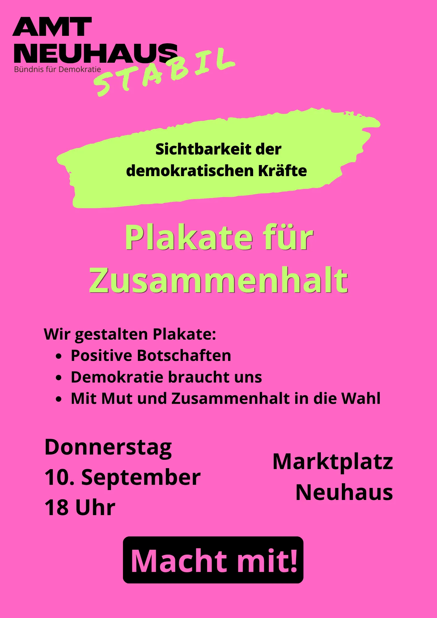 Plakat des Bündnisses für Demokratie: Plakate für Zusammenhalt, Donnerstag 10. September, 18 Uhr, Marktplatz Neuhaus